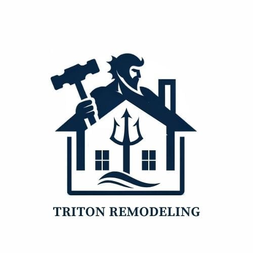 Triton Remodeling logo featuring a bearded worker with hammer inside a house silhouette with trident symbol